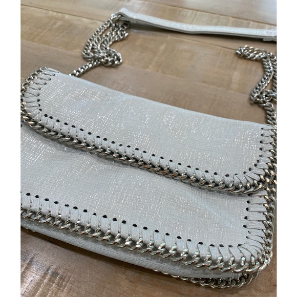 Sondra Roberts Squared white metallic shiny leather silver crossbody purse - Picture 6 of 15